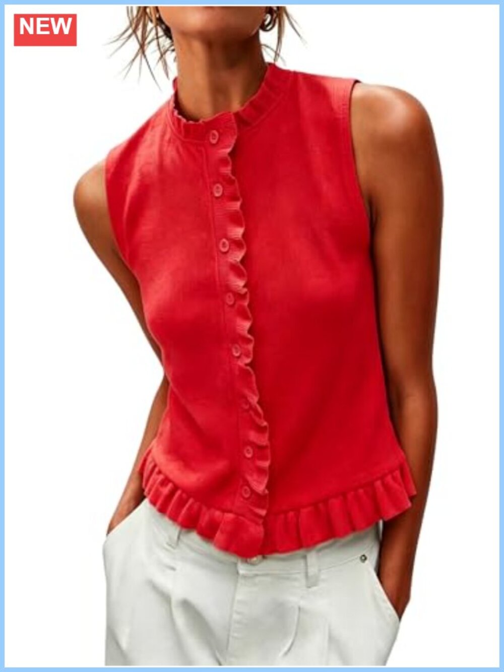 Mockneck Sleeveless Sweater Vest Ruffle Button Front Knit Tank Top